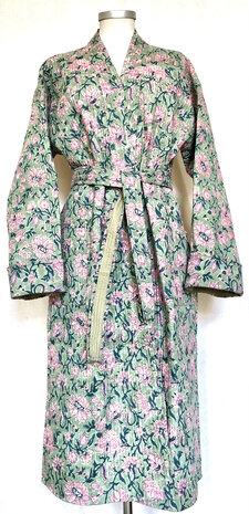  ochtendjas/kimono quilted katoen 18- jadegroen/oud roze/lila