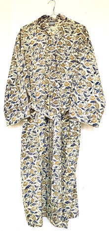  kimono/kamerjas hand blockprint 1- beige/petrol blauw/oker