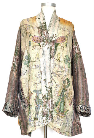 jacket kantha oversized recycled silk 1- vogel crème-oranje