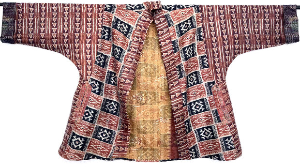 jacket reversible kantha oversized recycled silk 7- kelim block roest/zwart
