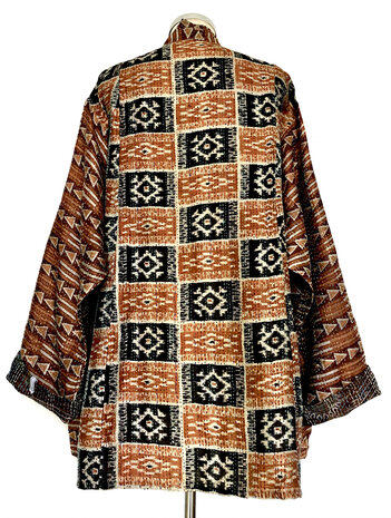 jacket reversible kantha oversized recycled silk 7- kelim block roest/zwart