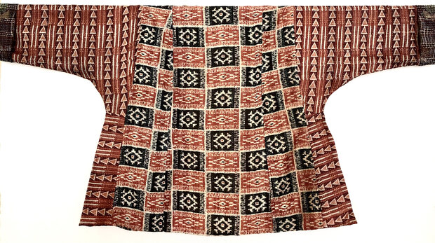 jacket reversible kantha oversized recycled silk 7- kelim block roest/zwart