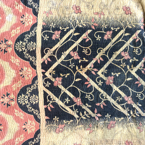 quilt kantha vintage katoen  1- zwart/geel/koraalroze  