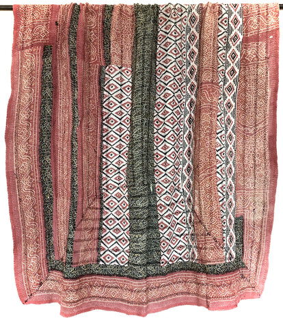  quilt kantha vintage katoen  4- shibori roestrood/beige/zwart-petrol