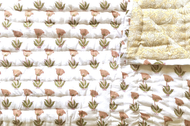 deken quilt eenpersoons reversible blockprint 11- poppy oranje/pastel geel