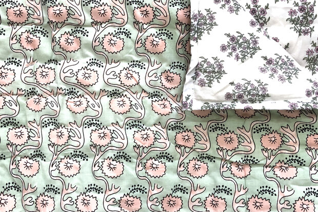  UITVERKOCHT- deken quilt tweepersoons reversible blockprint 13- oud roze-mint/roze-l.groen