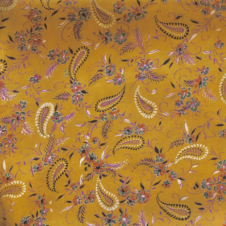 sjaal smal- zijde  met print en franje goudbruin paisley