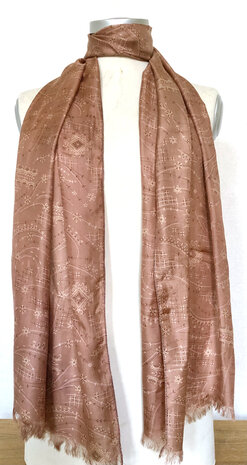 sjaal smal- zijde  met print en franje oud lila/roze 