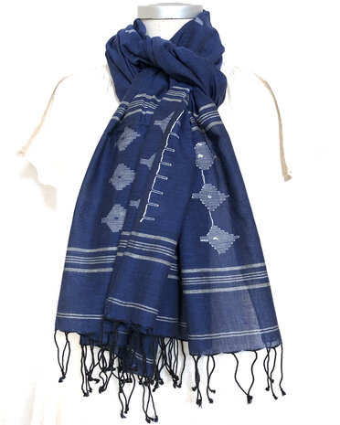 sjaal jamdani voile katoen medium- indigo blauw
