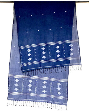 sjaal jamdani voile katoen medium- indigo blauw