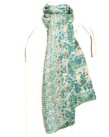 sjaal kantha zijde smal 3- aqua/groen