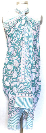 pareo/sarong/sjaal voilekatoen met hand-blockprint 4- turquoise