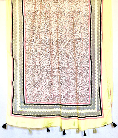 pareo/sarong/sjaal voilekatoen met hand-blockprint 8- fel geel/roze