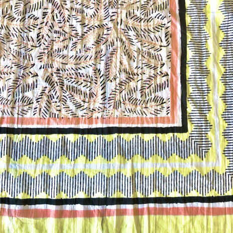 pareo/sarong/sjaal voilekatoen met hand-blockprint 8- fel geel/roze