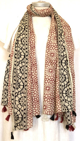sjaal/pareo/sarong voilekatoen met hand-blockprint ethnic 13-bloem rood