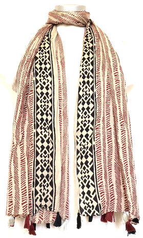 sjaal/pareo/sarong voilekatoen met hand-blockprint ethnic 15-streepje/zwarte border