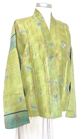 jasje kantha kort recycled silk 4- groen pastel/blaadjes