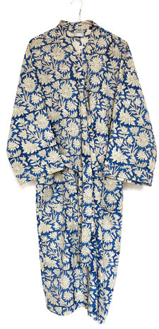  kimono/kamerjas hand blockprint 5- cyaanblauw/zwart
