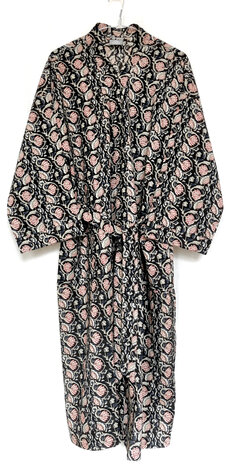 kimono/kamerjas hand blockprint 4- zwart/rood/indigo