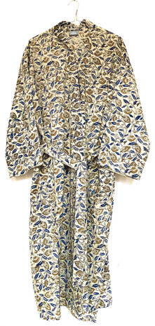  kimono/kamerjas hand blockprint 1- beige/petrol blauw/oker