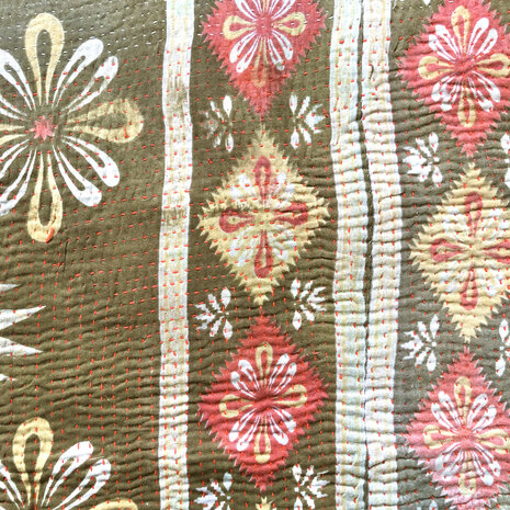  kussen pick-up 7  -vintage quilt met 2 hengsels bruin/aqua/roze/khaki