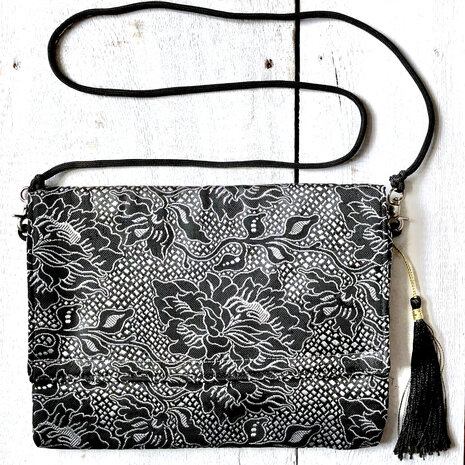  tas schoudertas clutch zijde jacquard 5- zwart/zilvergrijs
