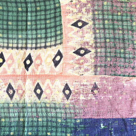  quilt kantha vintage katoen 13-groen/oud roze/paars