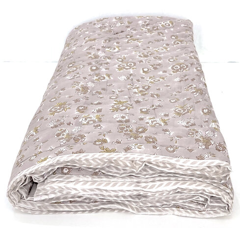 UITVERKOCHT- deken quilt eenpersoons reversible blockprint 8- vergrijsd paars/oud roze