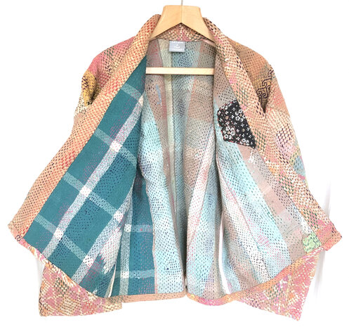  jasje kantha quilt 7- pastel steenoranje/roze- geborduurd