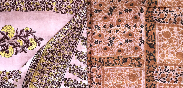 sjaal vintage gerecyclede zijde dubbel 25-pastel roze/geel/warm bruin