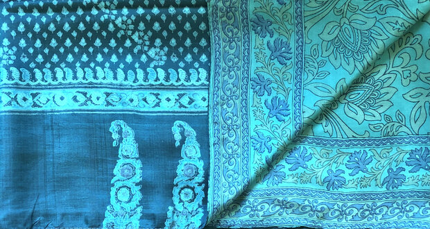 sjaal vintage gerecyclede zijde dubbel 32-turquoise/blauw