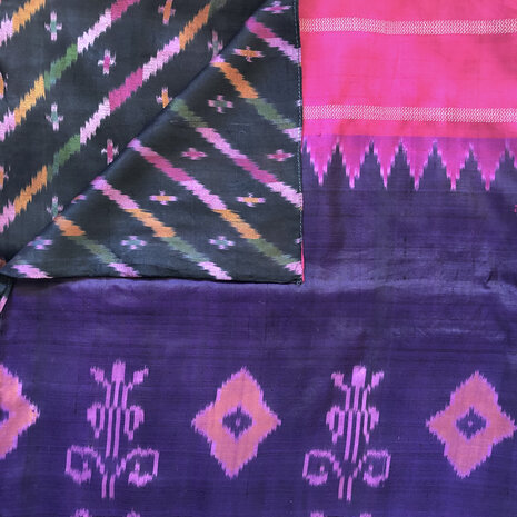 sjaal vintage gerecyclede ikat zijde dubbel 6-fuchsia/paars/zwart