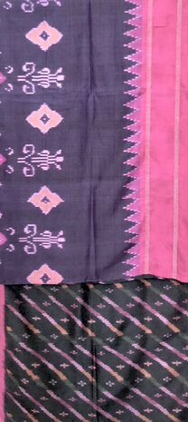 sjaal vintage gerecyclede ikat zijde dubbel 6-fuchsia/paars/zwart