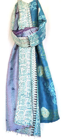 sjaal kantha zijde reversible 7- aqua/lila