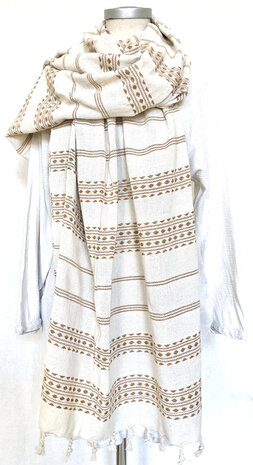 sjaal/omslagdoek etnic  XL katoen grof 3- mosterd/off-white