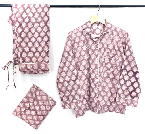 pyjamaset blockprint katoen 1- oud paars/roze