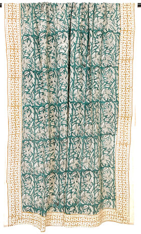  sjaal/pareo/sarong voilekatoen met hand-blockprint ethnic 4-emerald/oker