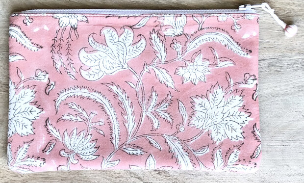 set van 3 etuis /make-up tasjes plat  blockprint 2 -koraal/oud paars/mint
