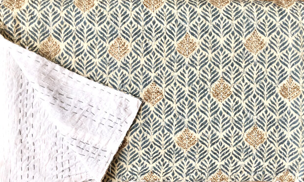 sprei new kantha 2 pers. handdoorgestikt petrol and brown leaf