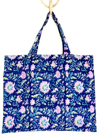  tote bag/tas katoen handblockprint 1- blauw/roze