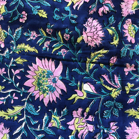  tote bag/tas katoen handblockprint 1- blauw/roze