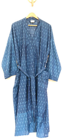 Kimono katoen ikat geweven 4- jeansblauw/turquoise/wit