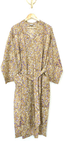 kimono katoen handblockprint 6- bruin/paars