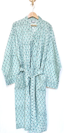  kimono/kamerjas L/XL hand blockprint  10- petrol/turquoise