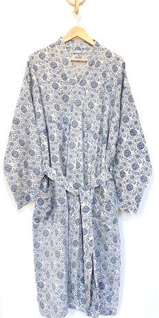  kimono/kamerjas L/XL hand blockprint  11- taupe-grijs/blauw/wit