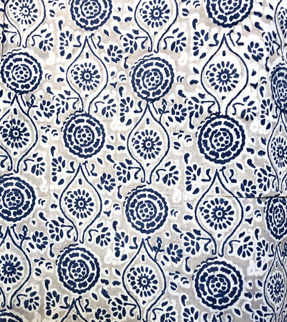  kimono/kamerjas L/XL hand blockprint  11- taupe-grijs/blauw/wit