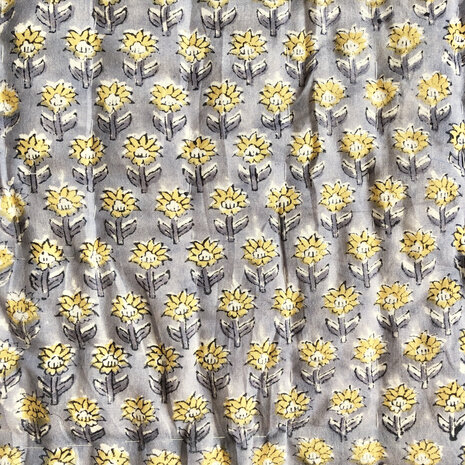 deken quilt eenpersoons reversible blockprint 4- grijsblauw-geel/mosterd-wit