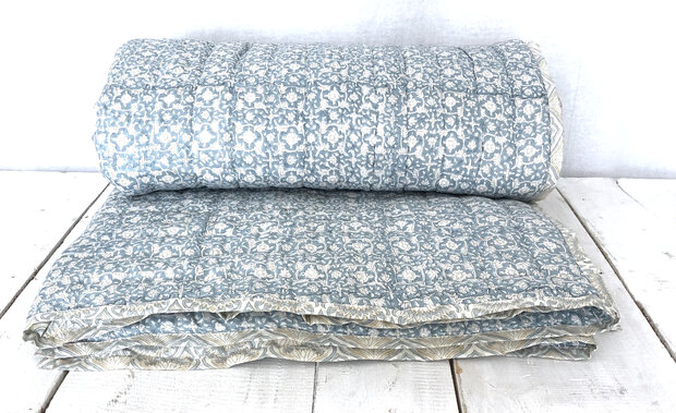 deken quilt eenpersoons reversible blockprint 1- l. petrol/l.blauw-zandgeel