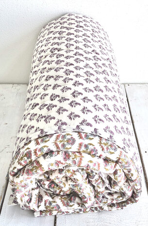 deken quilt eenpersoons reversible blockprint 2- roze-khaki-l.blauw/paars