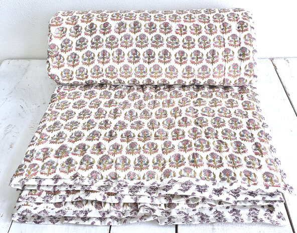 deken quilt eenpersoons reversible blockprint 2- roze-khaki-l.blauw/paars